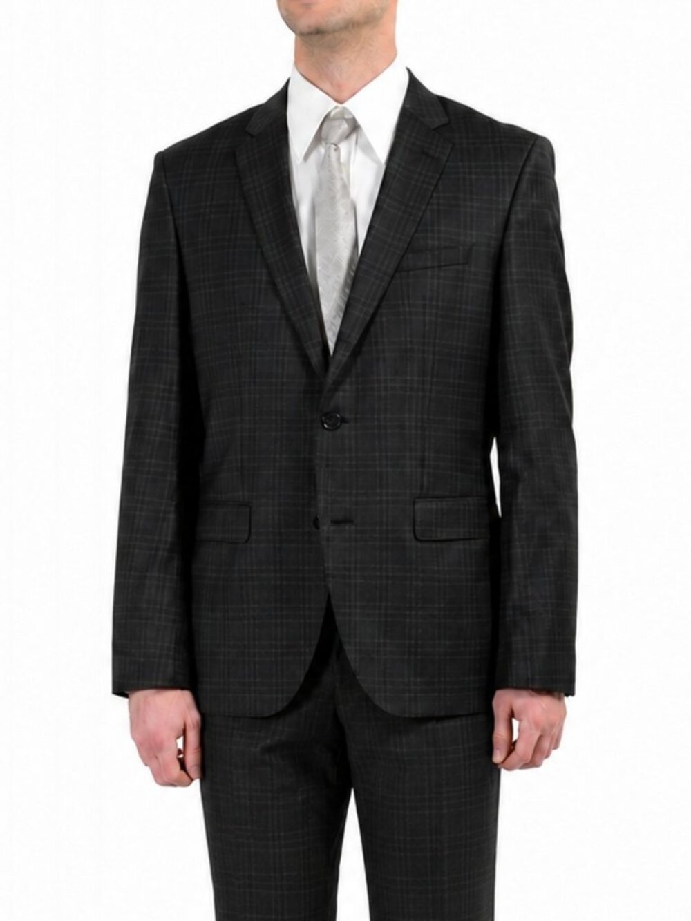HUGO BOSS "C-Jefferd/C-Stedson" 100% Wool Check 2b Charcoal Suit Jacket 42R
